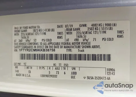 2019 Ford Transit-250 из США, поврежденный, VIN 1FTYR2CM9KKB38758